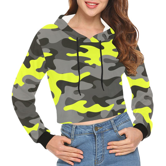 Cropped Camo Hoodie | Tight Fit | Yellow, Black, and Gray Camouflage