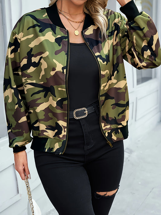 Plus Size Camo Full Zipper Coat | Casual Long Sleeves Jacket