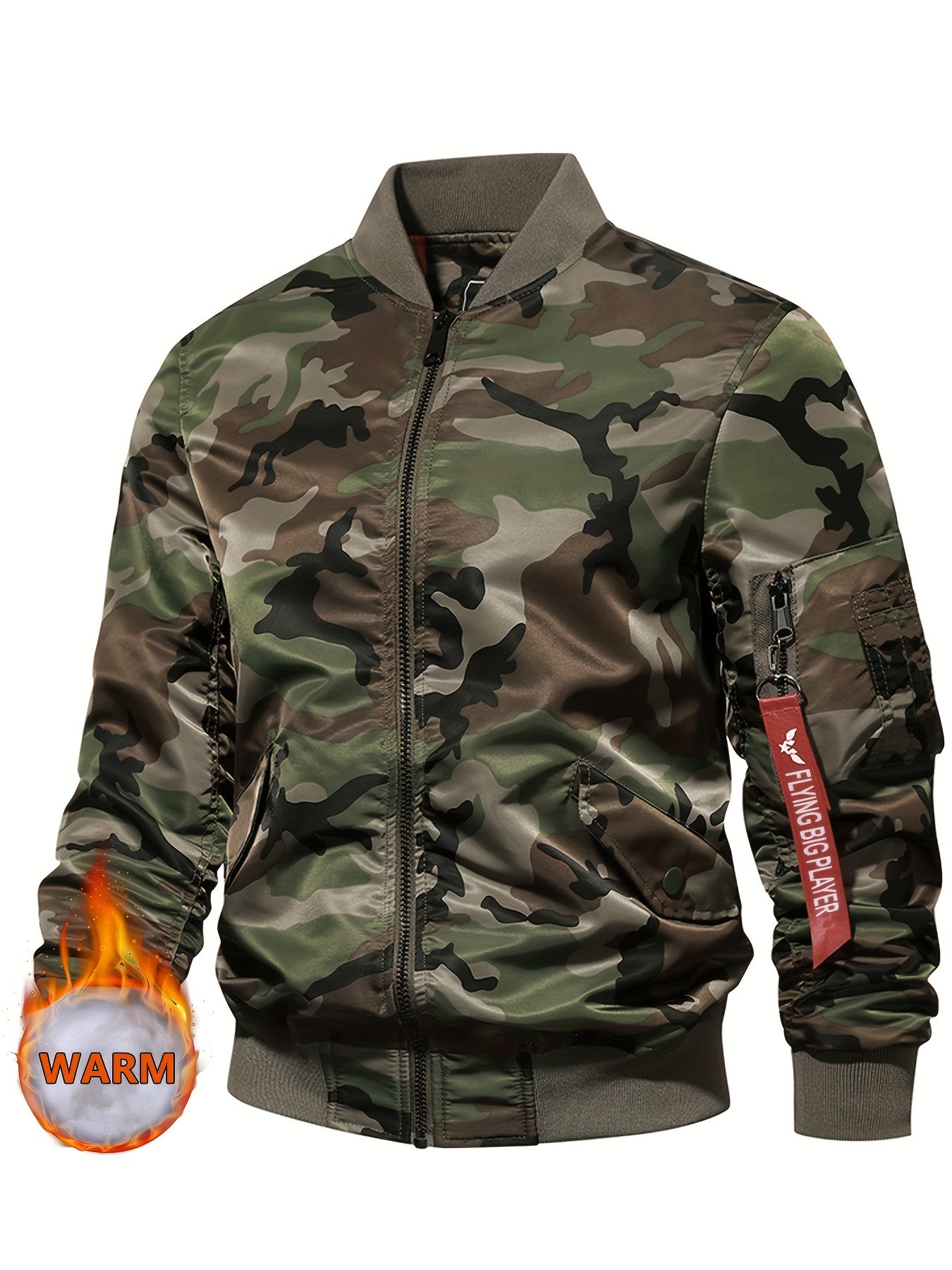 Camo Bomber Jacket with Baseball Collar & Pockets