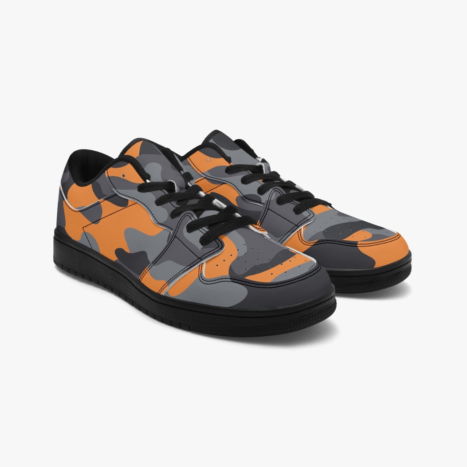 Camo Sneakers | Orange-Black Low-Top Leather Camouflage Shoes