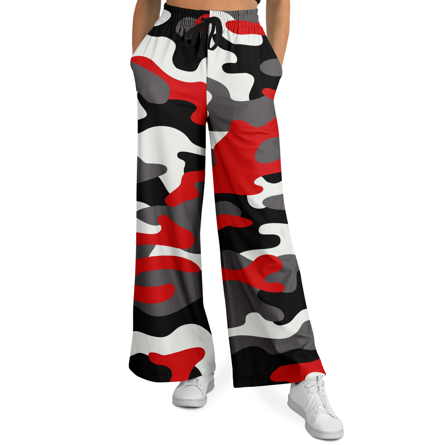 Camo Wide Leg Pants For Women | Red, Black & White Camouflage