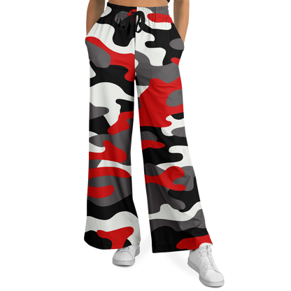 Camo Wide Leg Pants For Women | Red, Black & White Camouflage