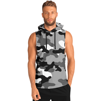 Sleeveless Hoodie | Black, White & Gray Camouflage