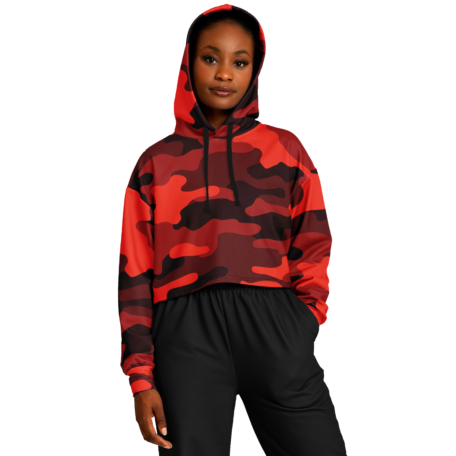 Cropped Hoodie For Women | Scarlet Red & Black Camouflage