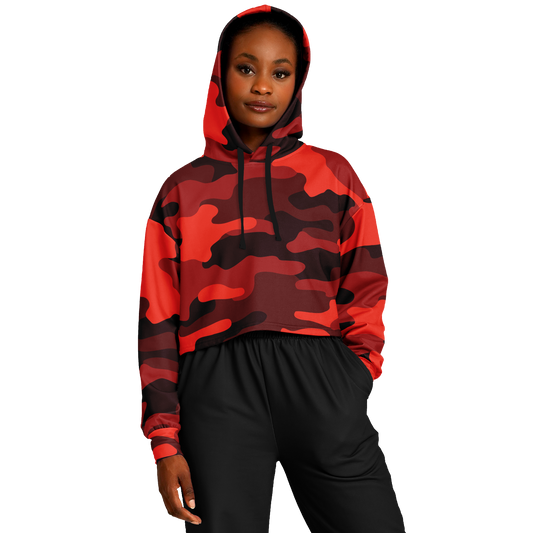 Cropped Hoodie For Women | Scarlet Red & Black Camouflage