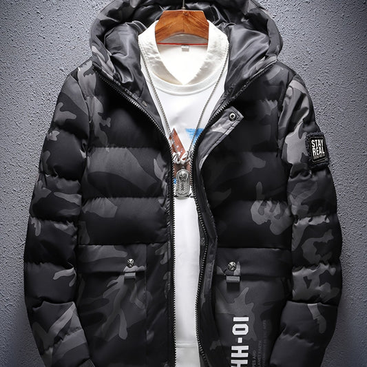 Men's Black Camouflage Padded Jacket | Regular Fit with Hooded Collar