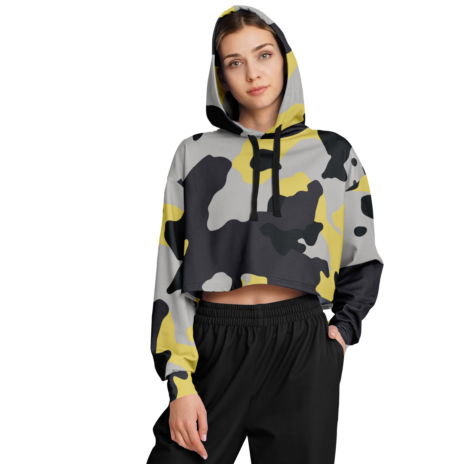 Cropped Hoodie For Women | Yellow, Black & Silver Camouflage