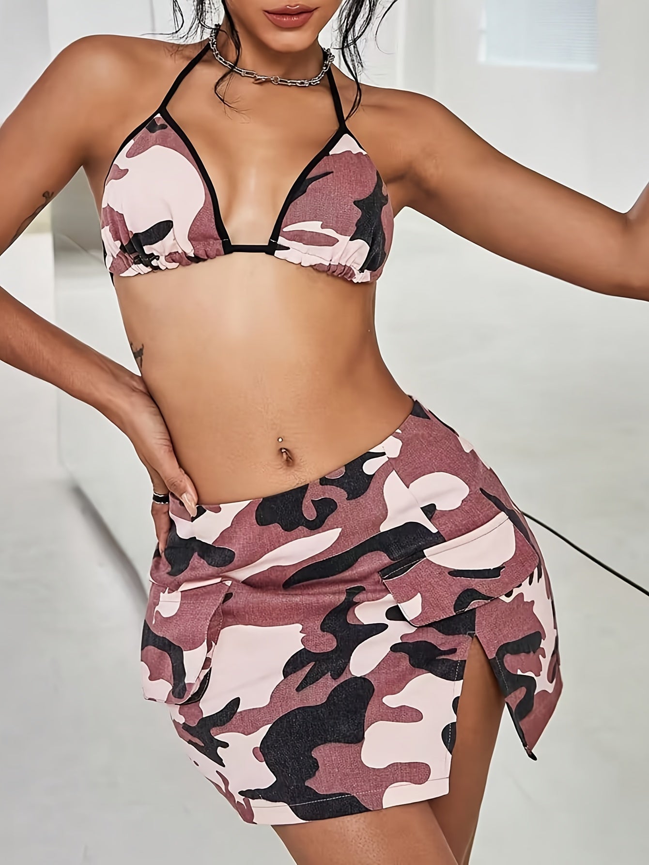 Women's Camo Denim 2 Piece Set | Top & Split Side Bodycon Mini Skirt