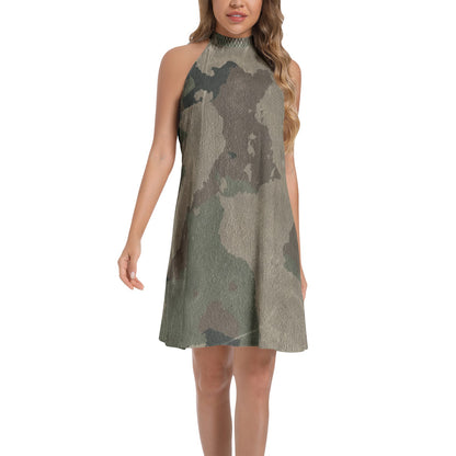 Flared Camo Dress | Halter Neck | Dirty Brown Camouflage