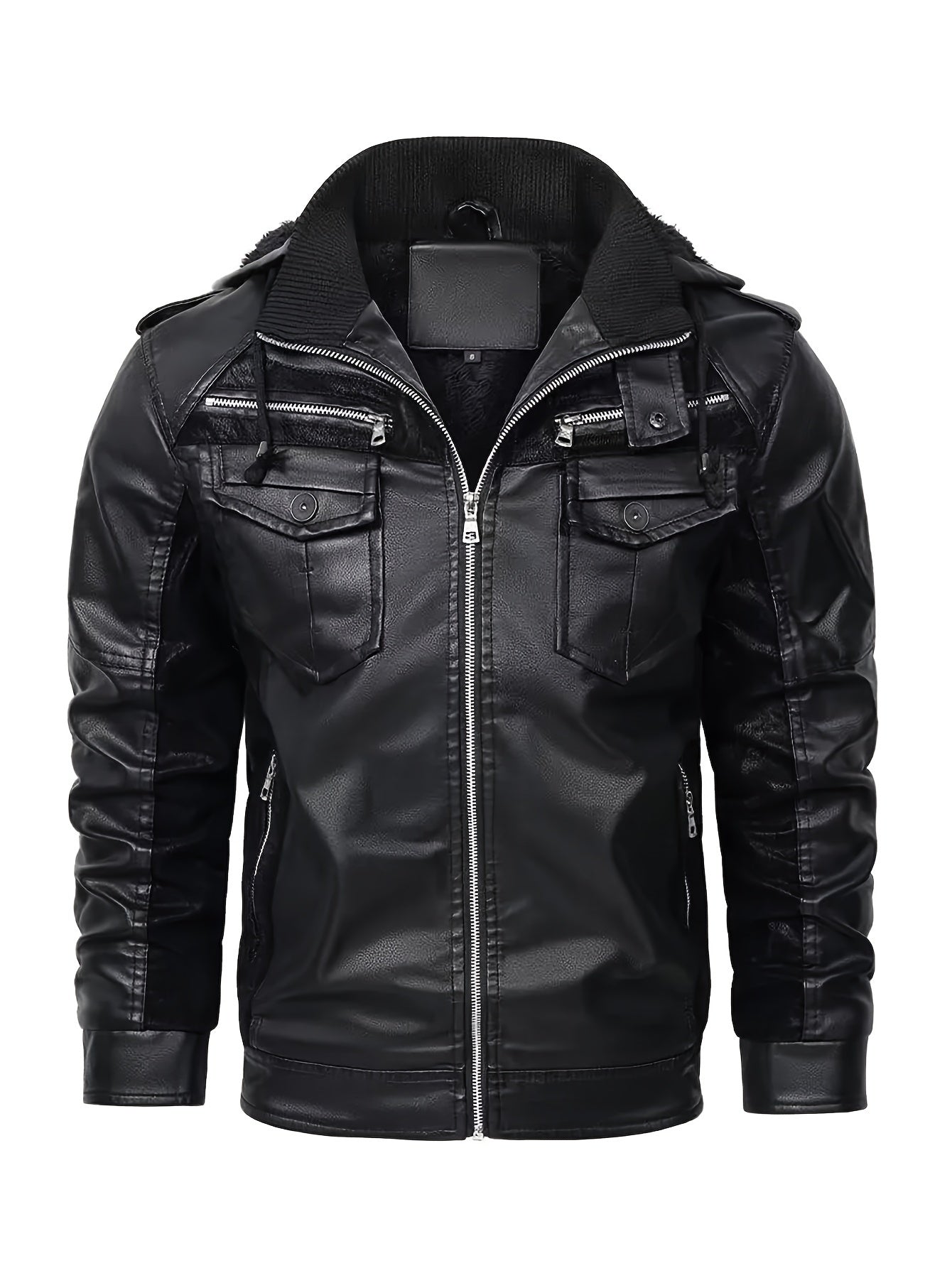 Faux Leather Hooded Jacket | Men's Zippered Motorcycle Coat