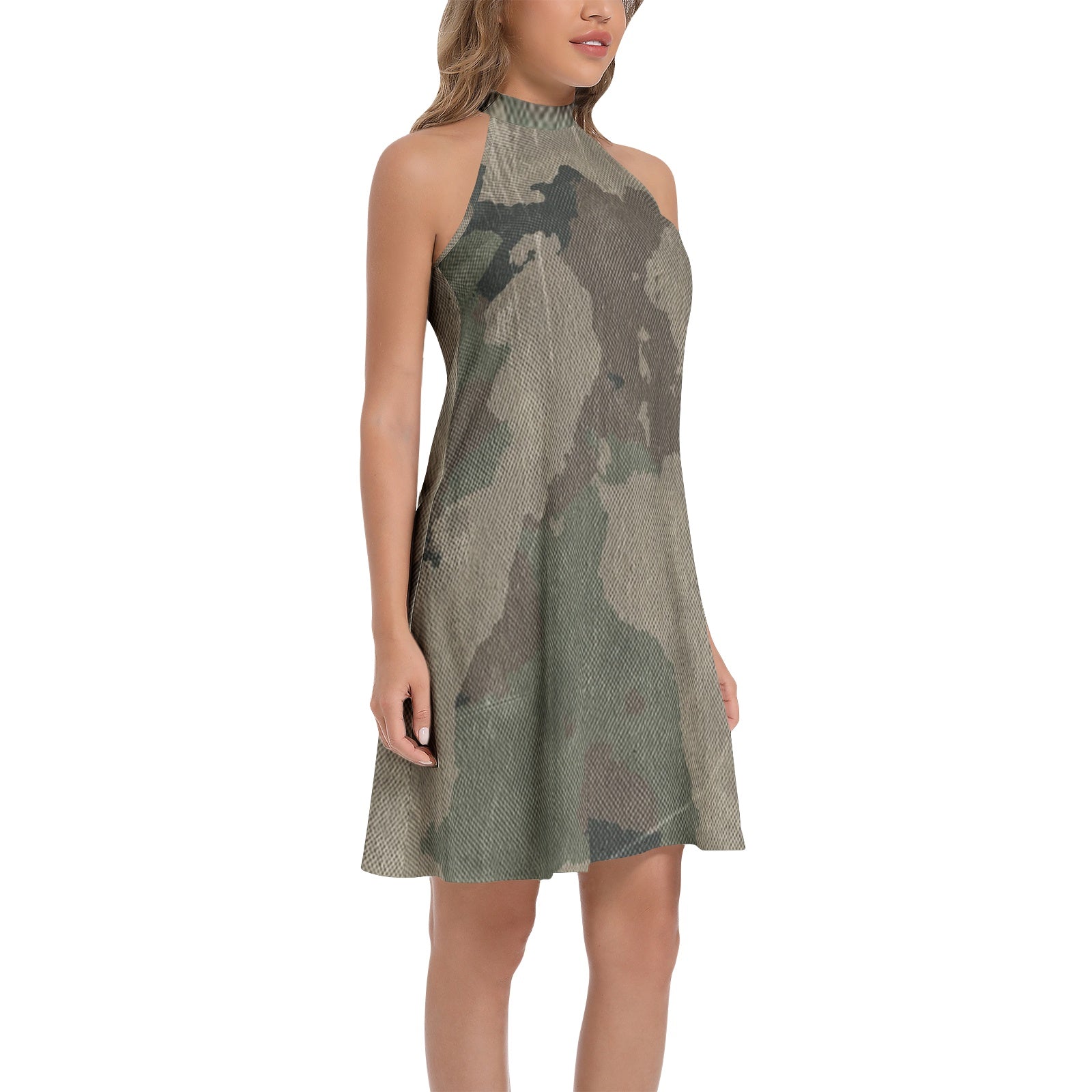 Flared Camo Dress | Halter Neck | Dirty Brown Camouflage