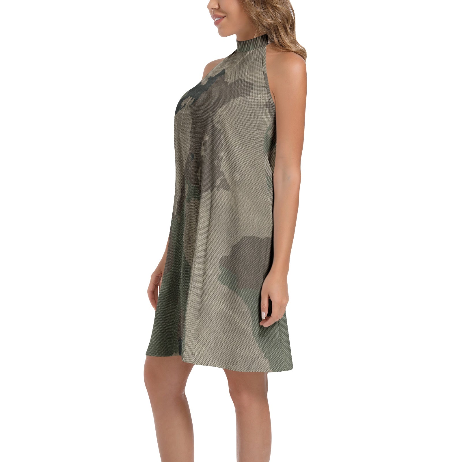 Flared Camo Dress | Halter Neck | Dirty Brown Camouflage