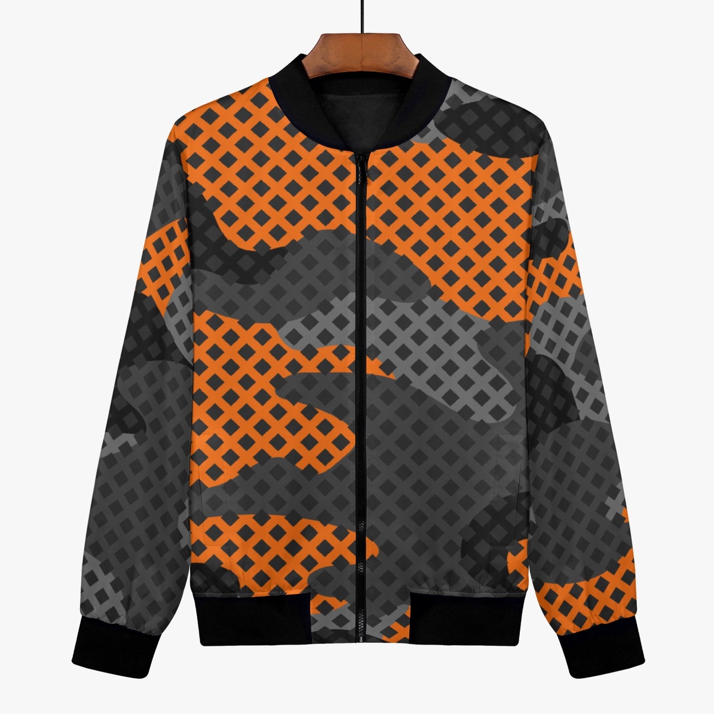 Women's Camo Bomber Jacket | Black & Orange Pixel Camouflage