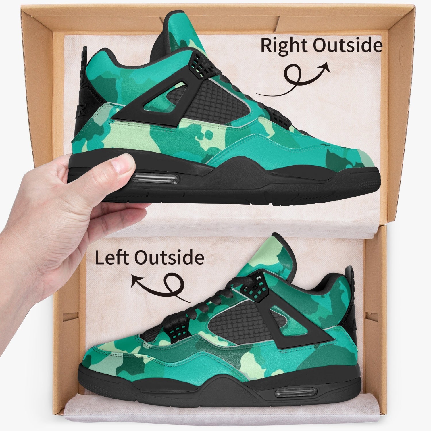 Camo Jordans AJ4 | Cyan Green Camouflage | Black Sole