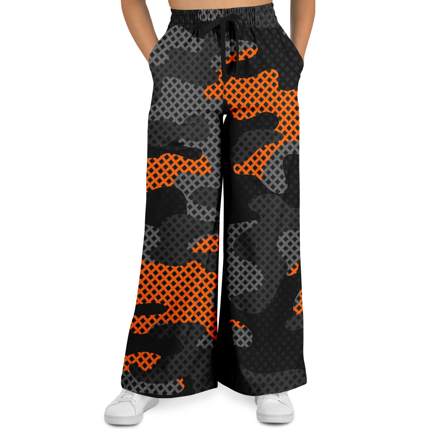 Camo Wide Leg Pants For Women | Black & Orange Pixel Pattern