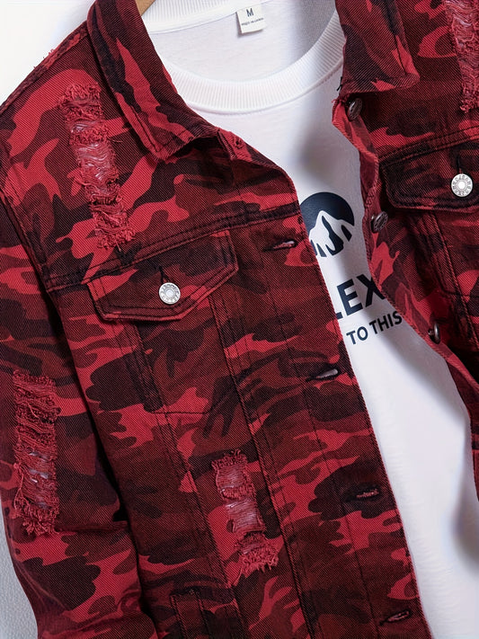 Red Camo Denim Jacket For Men | Casual Street Style Coat