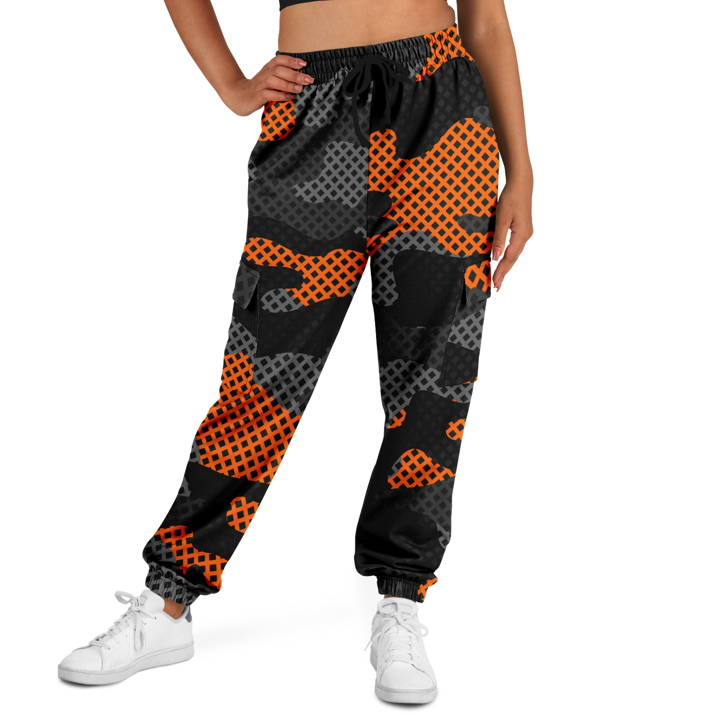 Camo Cargo Pants | Unisex | Black & Orange Pixel Camouflage