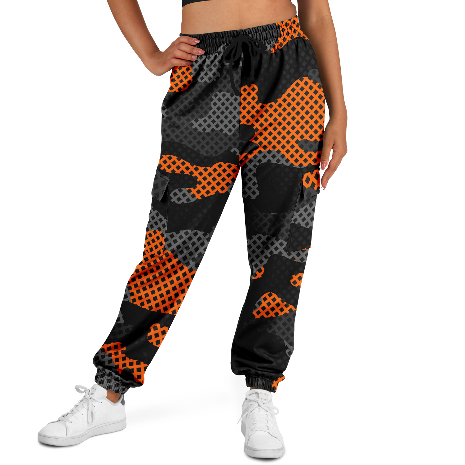 Camo Cargo Pants | Unisex | Black & Orange Pixel Camouflage