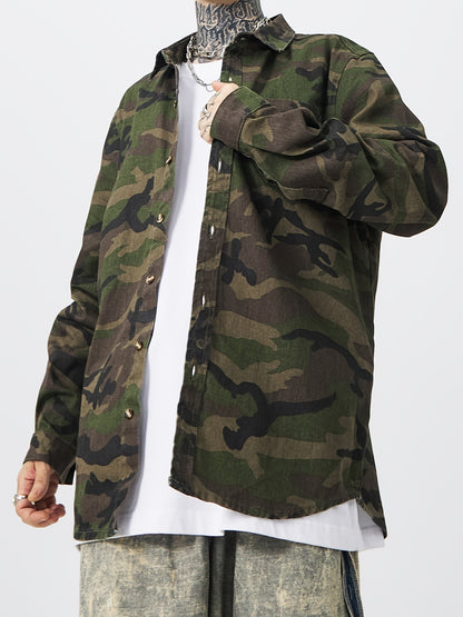 Men's Green Camo Denim Shirt | Long Sleeve Button Up Shirt