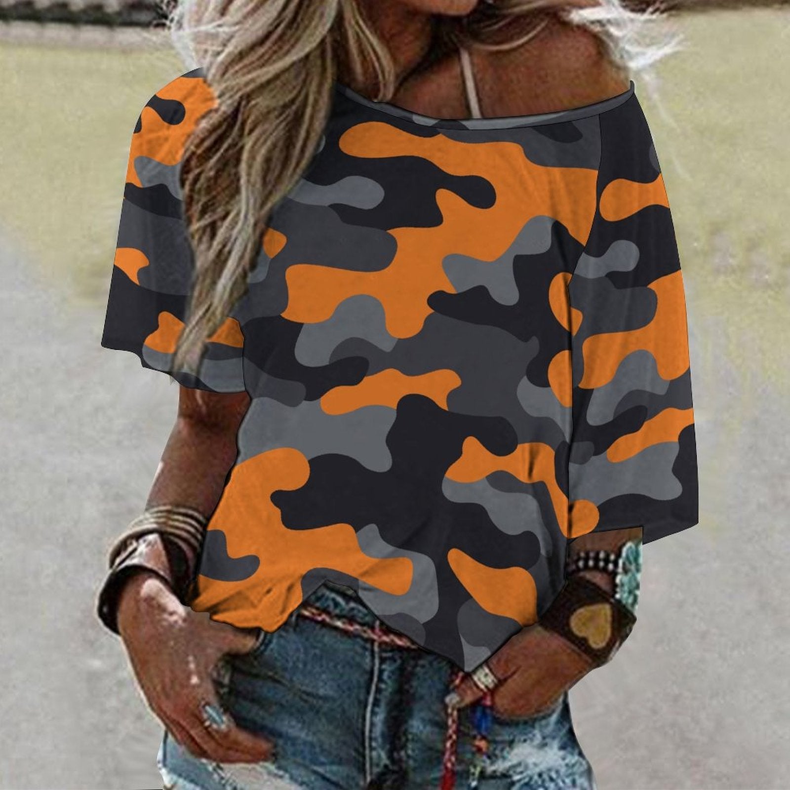 Off The Shoulder Top | Orange, Gray & Black Camo Shirt