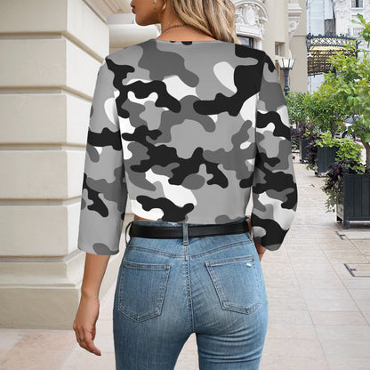 Camo Blazer | Cropped Open Front | Gray, Black and White Camouflage