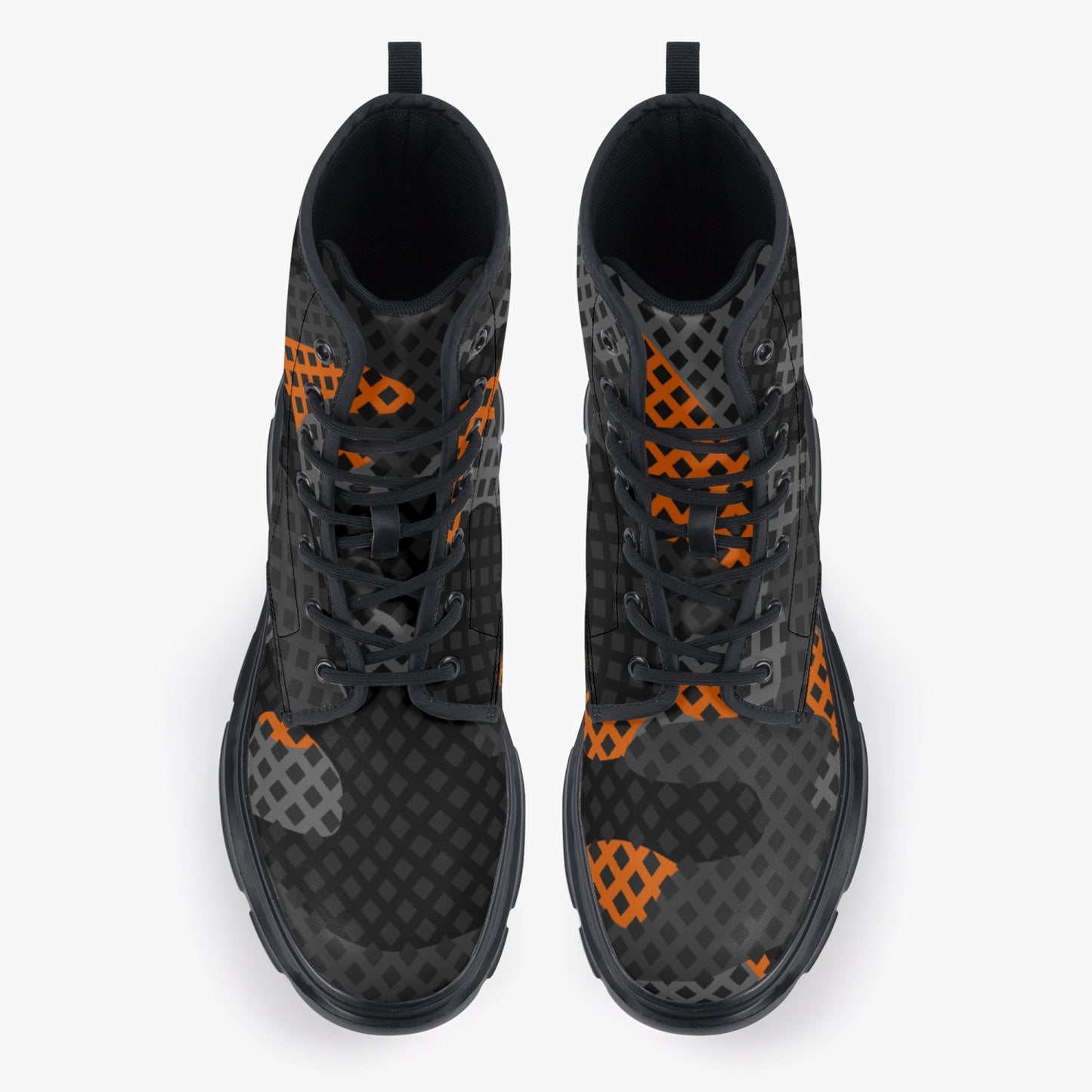 Chunky Boots | Leather in Black & Orange Pixel Camouflage