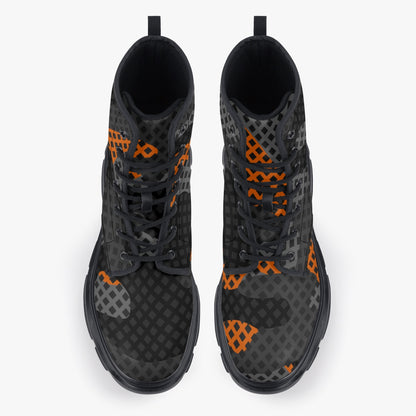 Chunky Boots | Leather in Black & Orange Pixel Camouflage