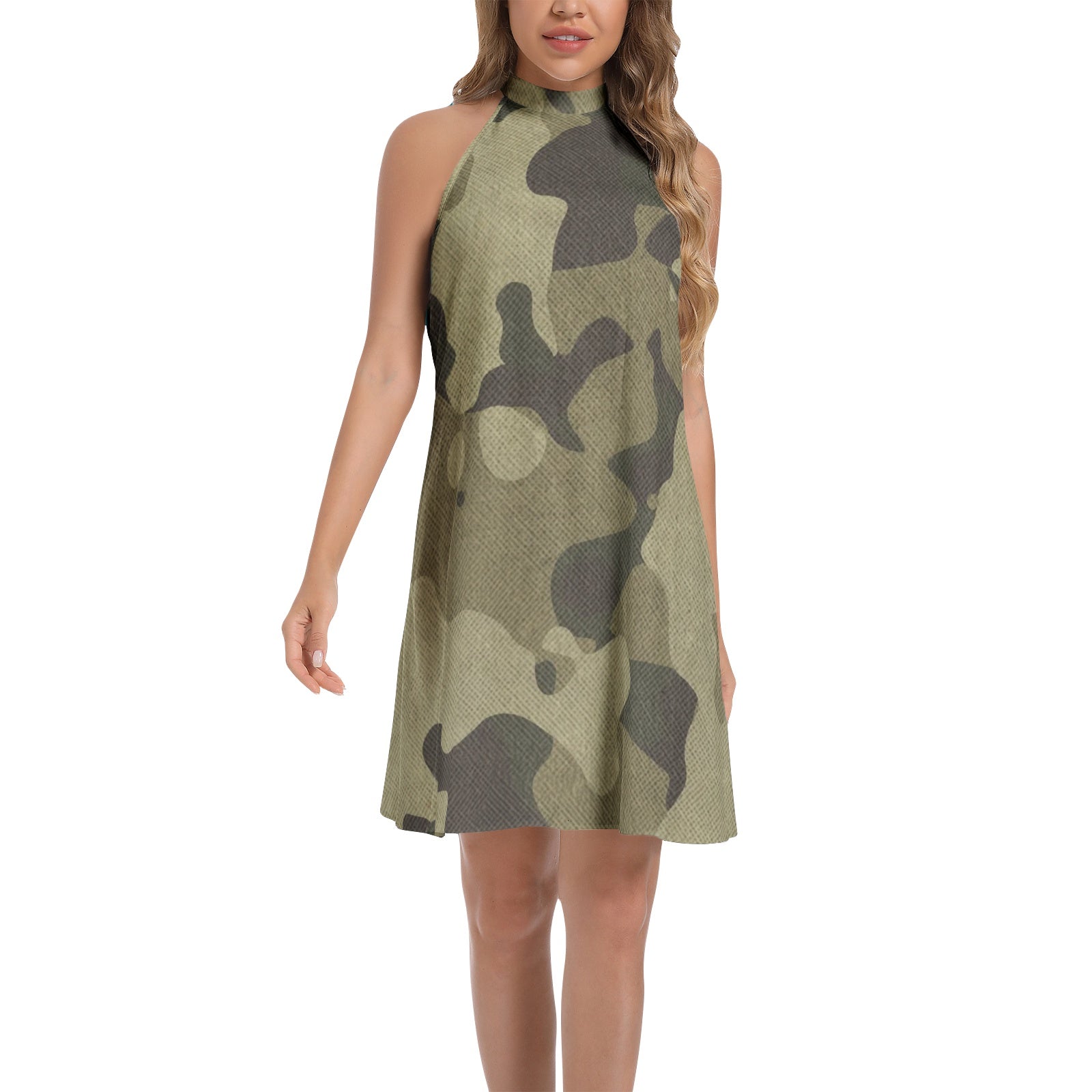 Flared Camo Dress | Halter Neck | Green Fabric Camouflage