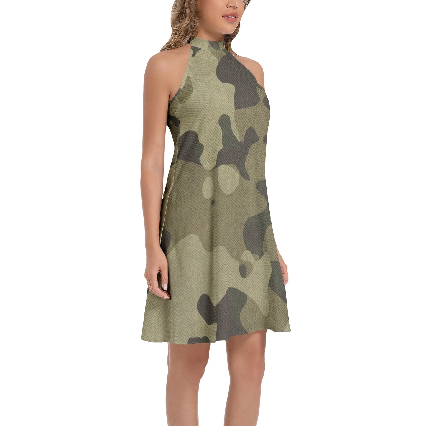 Flared Camo Dress | Halter Neck | Green Fabric Camouflage