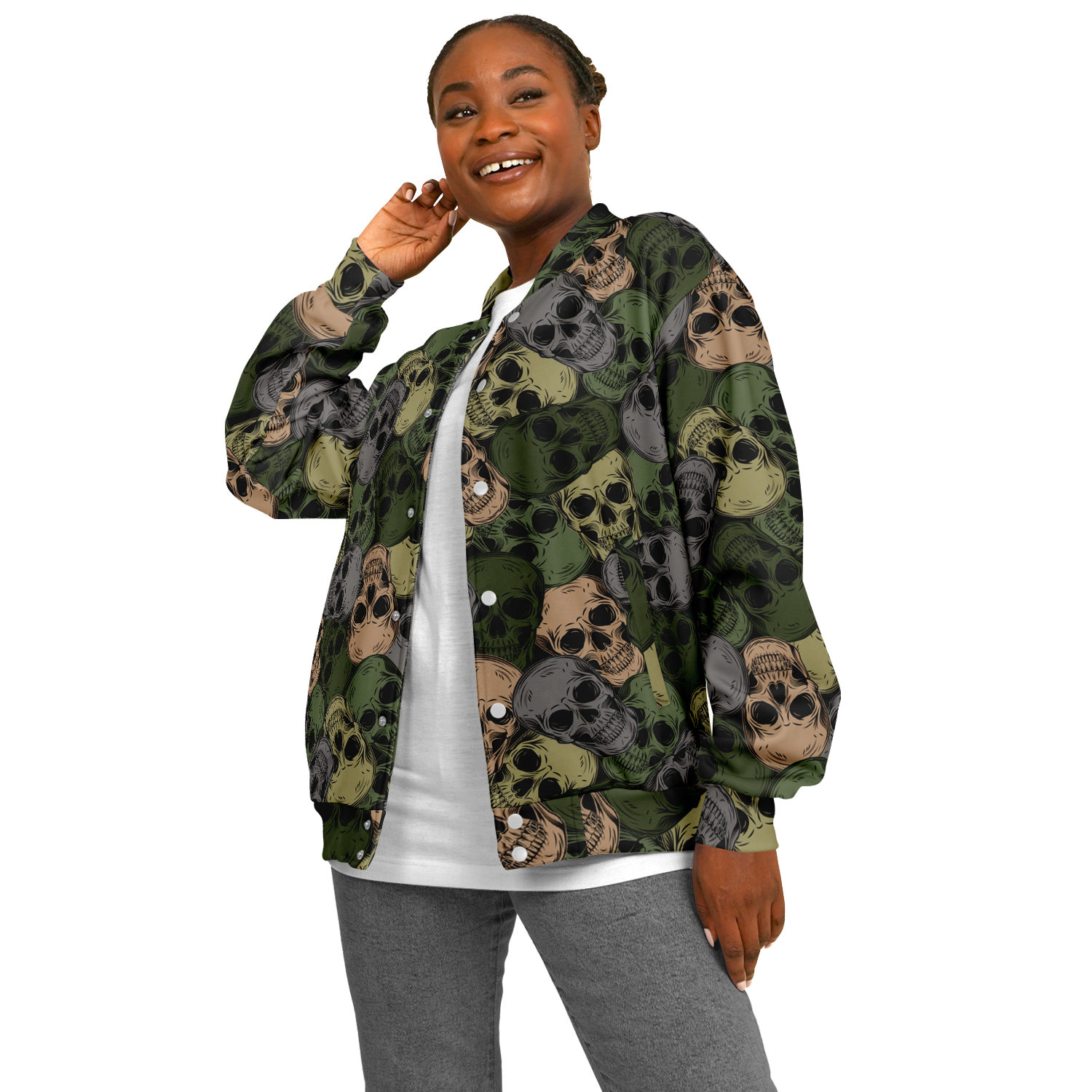 Skulls Baseball Jacket | Green & Grey Camo Inspired