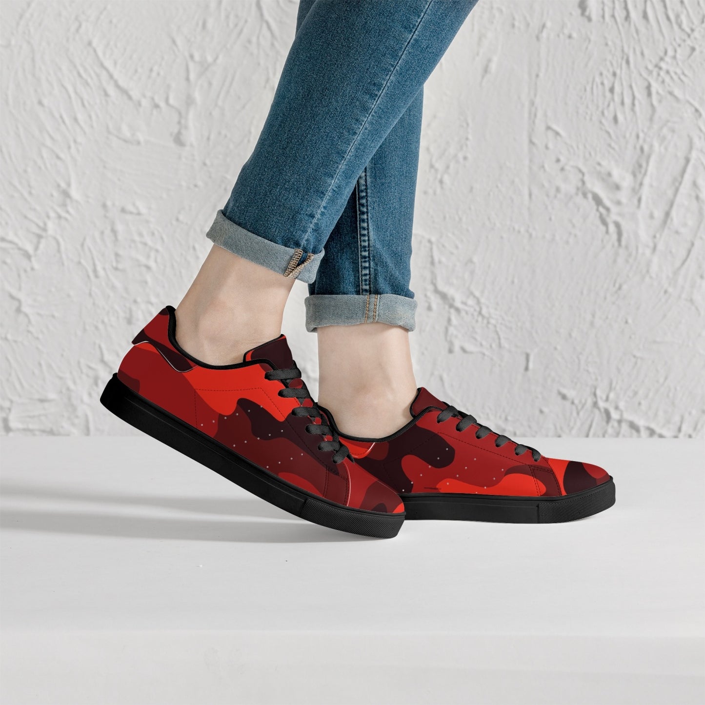 Camo Sneakers | Classic Low-Top Leather | Scarlet Red & Black