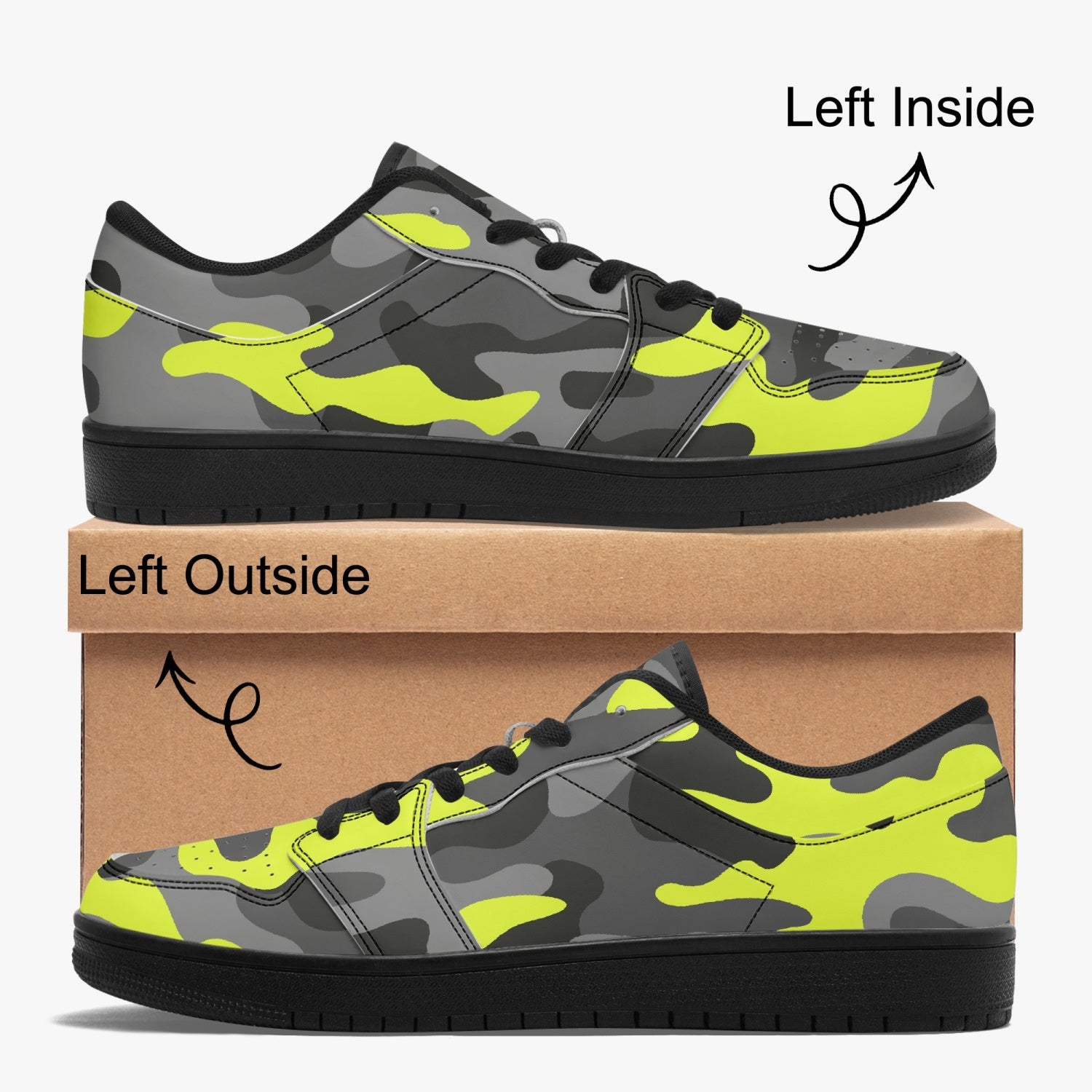 Camo Sneakers | Black Yellow Low-Top Leather Camouflage Shoes