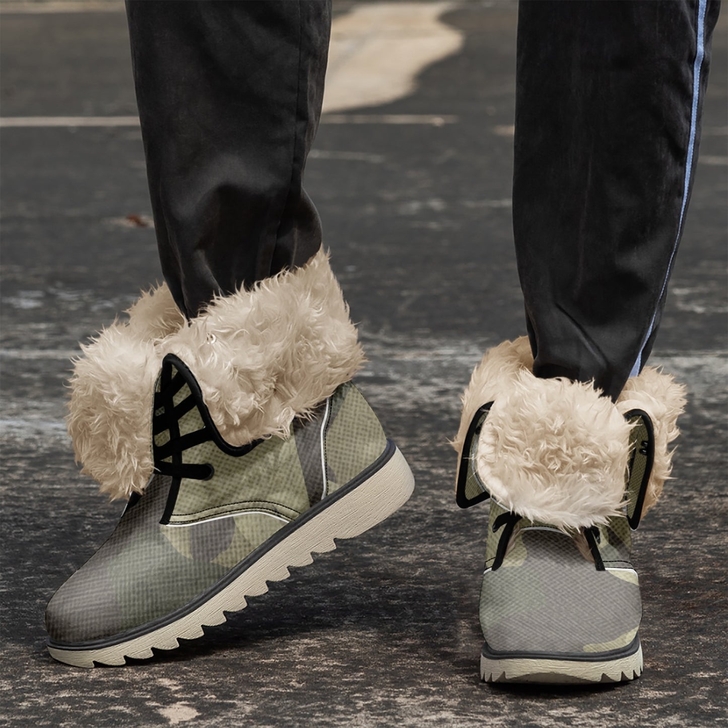 Camo Boots | Green Fabric Cotton-Pad Fur Lining