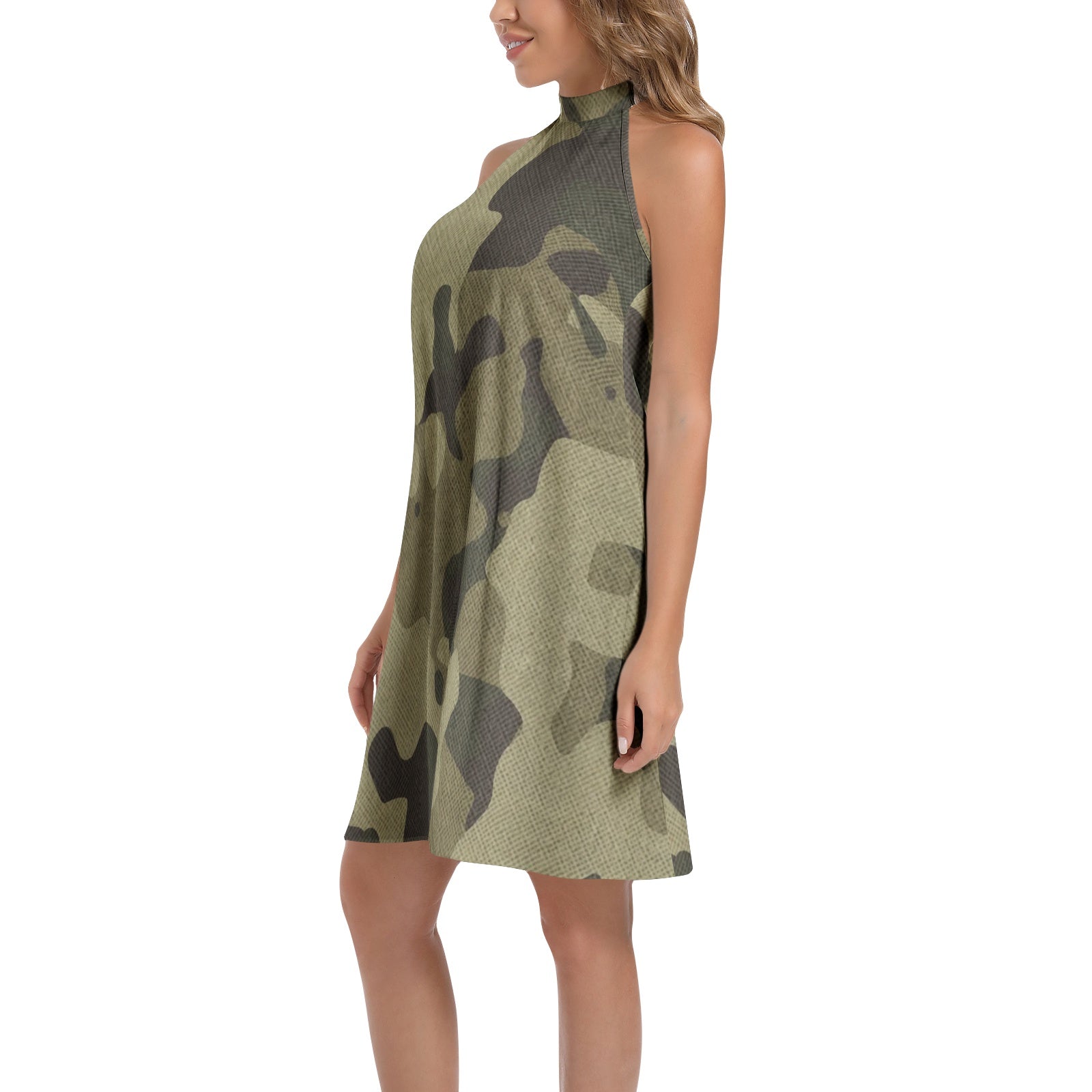 Flared Camo Dress | Halter Neck | Green Fabric Camouflage