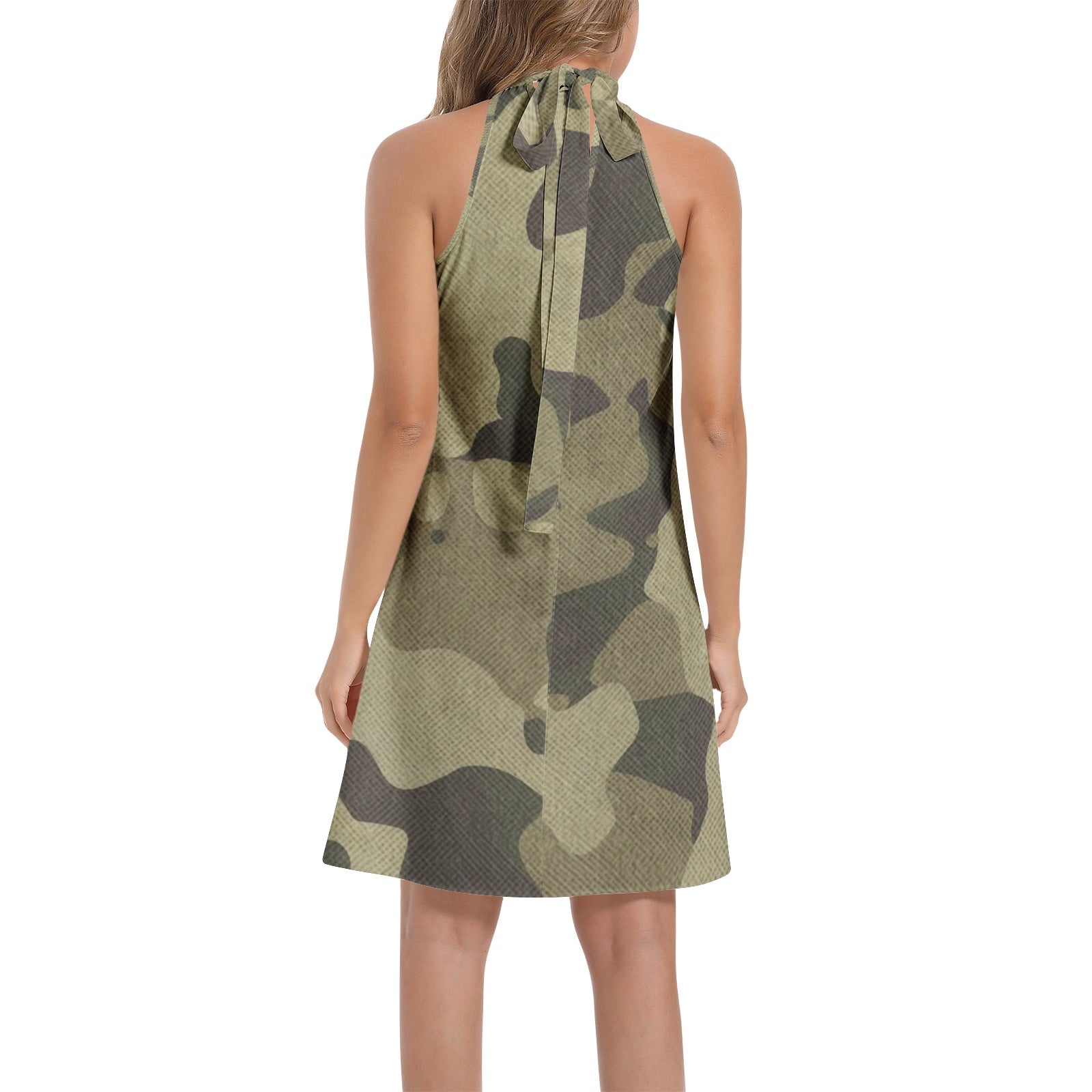 Flared Camo Dress | Halter Neck | Green Fabric Camouflage