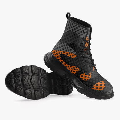 Chunky Boots | Leather in Black & Orange Pixel Camouflage