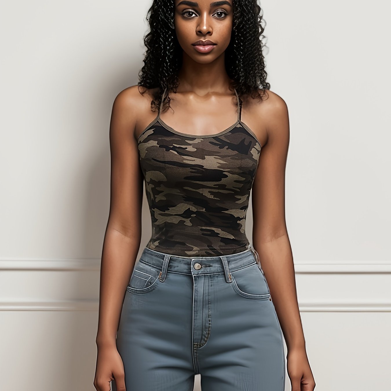 Camo Print Spaghetti Strap Top for Women