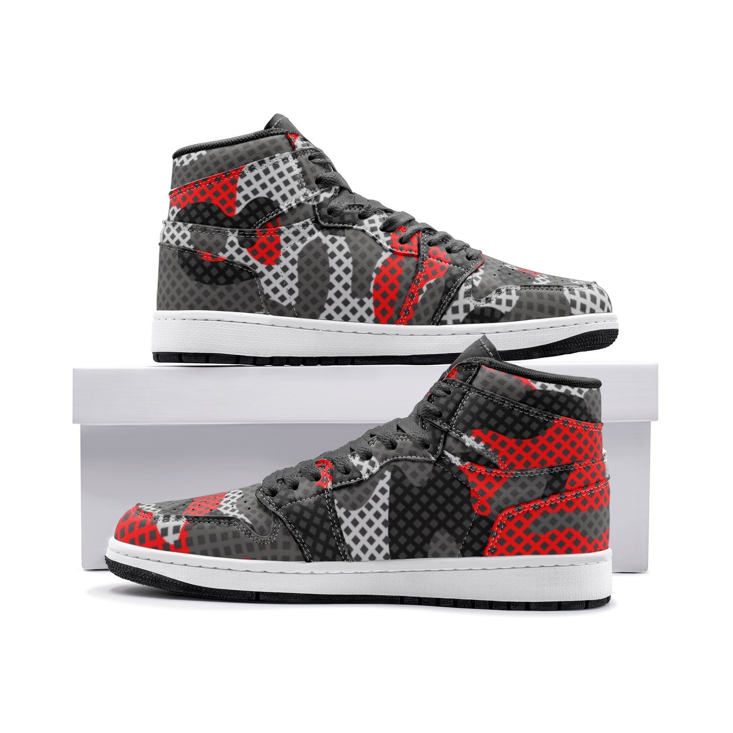 Red Camo Sneakers | High Top Leather | Black and Gray Pixel