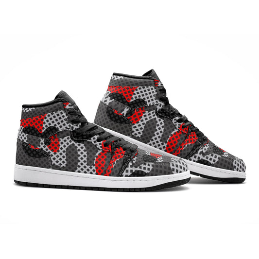 Red Camo Sneakers | High Top Leather | Black and Gray Pixel