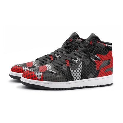 Red Camo Sneakers | High Top Leather | Black and Gray Pixel