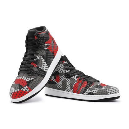 Red Camo Sneakers | High Top Leather | Black and Gray Pixel