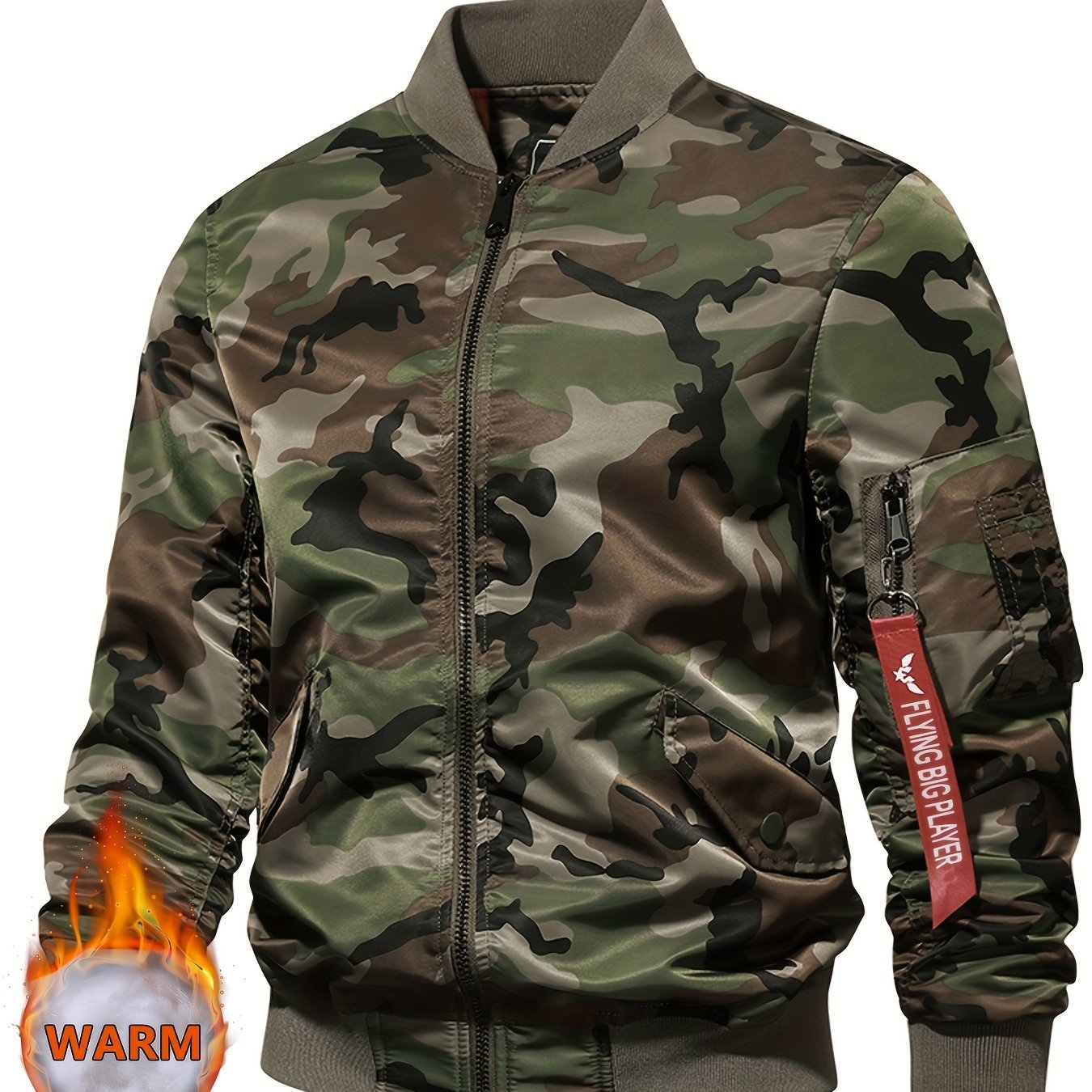 Camo Bomber Jacket with Baseball Collar & Pockets