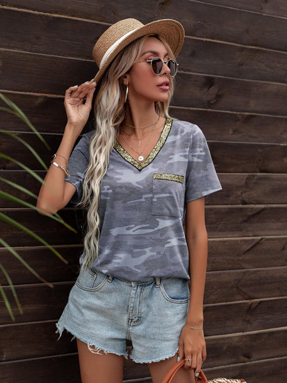 Glitter V-Neck Short Sleeve Camo Tee Shirt