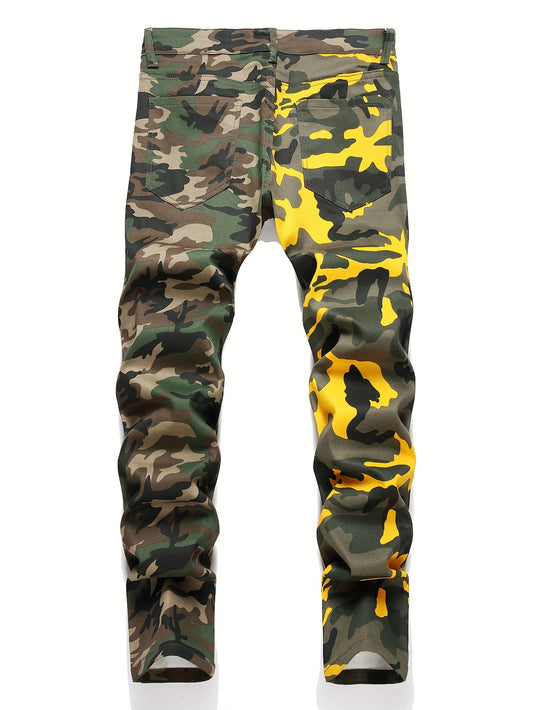 Men's Fashion Patchwork Camo Jeans Cotton Blend Regular Fit Mid Waist Non-Stretch Denim Pants with Pockets Zipper Fly for All Seasons