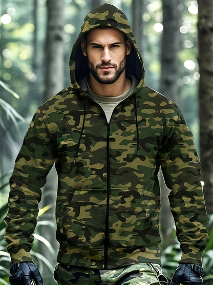 Men's Camo Softshell Hoodie: Zip-Up, Kangaroo Pockets, Sports Style