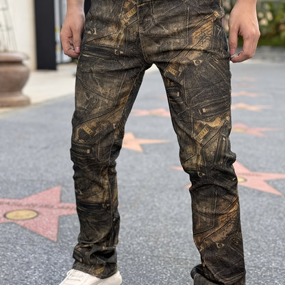 Men's 3D Printed Flared Denim: Street Motorcycle, Trendy Fashion Pants