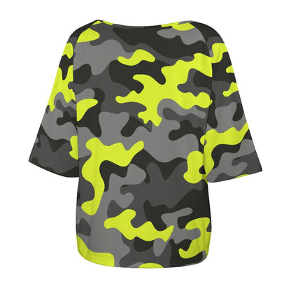 Off The Shoulder Top | Black, Gray & Yellow Camo Shirt