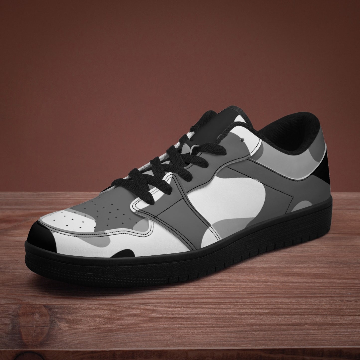 Camo Sneakers | Gray Black Low-Top Leather Camouflage Shoes