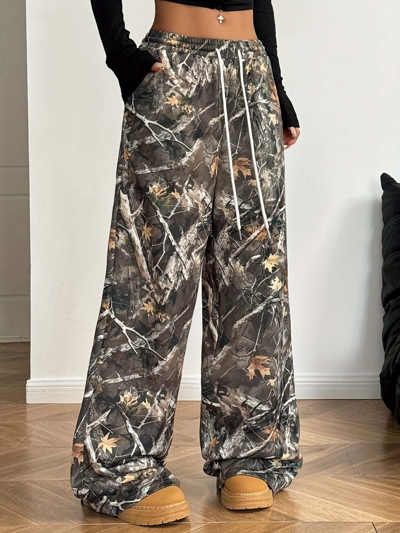 Women's Camo Wide Leg Pants | Loose Fit Drawstring Waist