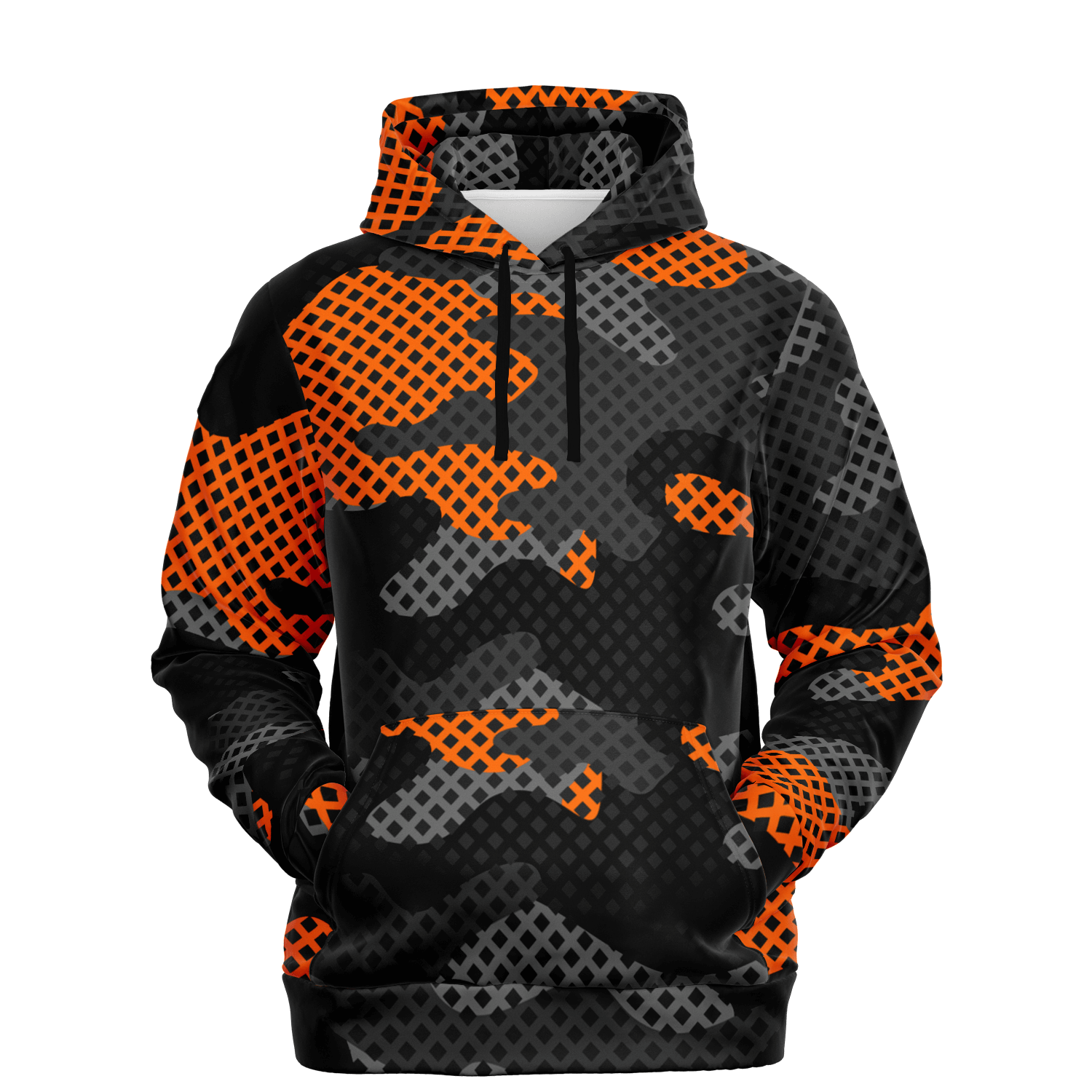 Camo Hoodie | Black & Orange Pixel Camouflage Pullover